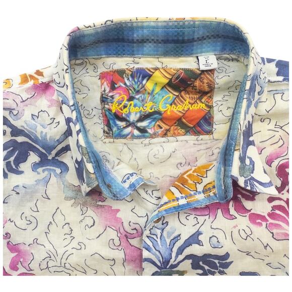 Robert Graham Sea of Cortez Linen Fleur De Lis Short Sleeve Men's Size Large - Picture 3 of 6